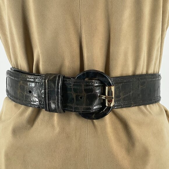 Carlisle Accessories - Carlisle Vintage Mock Crocodile Brown Leather Covered Buckle Wide Waist Belt LG